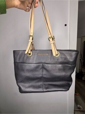 Michael Kors Black Leather Shoulder Tote with Cream Straps